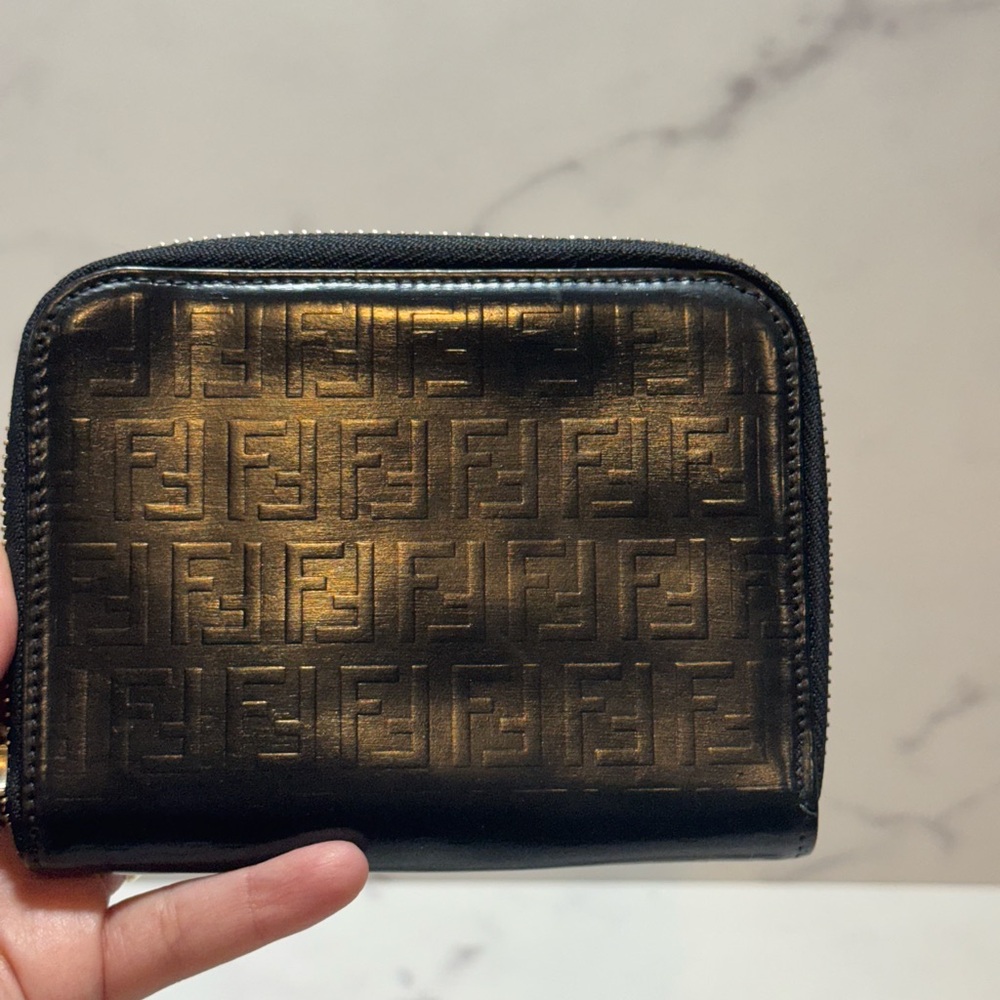 Fendi Embossed Zucca Black Enamel Coated Leather Zip Wallet